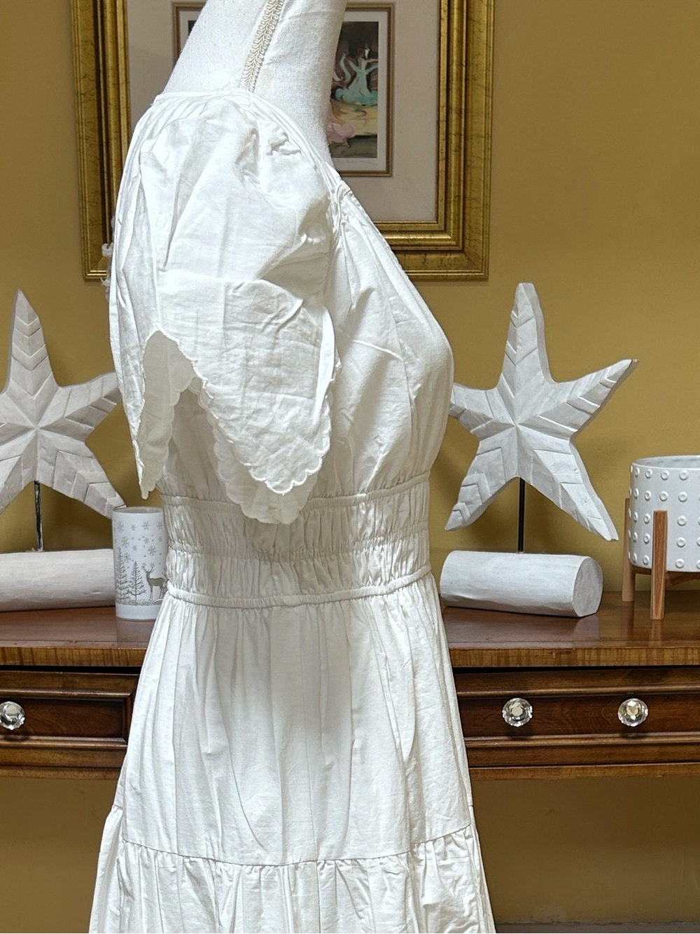 Moon River White Floral Embroidered Tiered Eyelet Puff Sleeve V Neck Maxi Dress - Picture 7 of 16